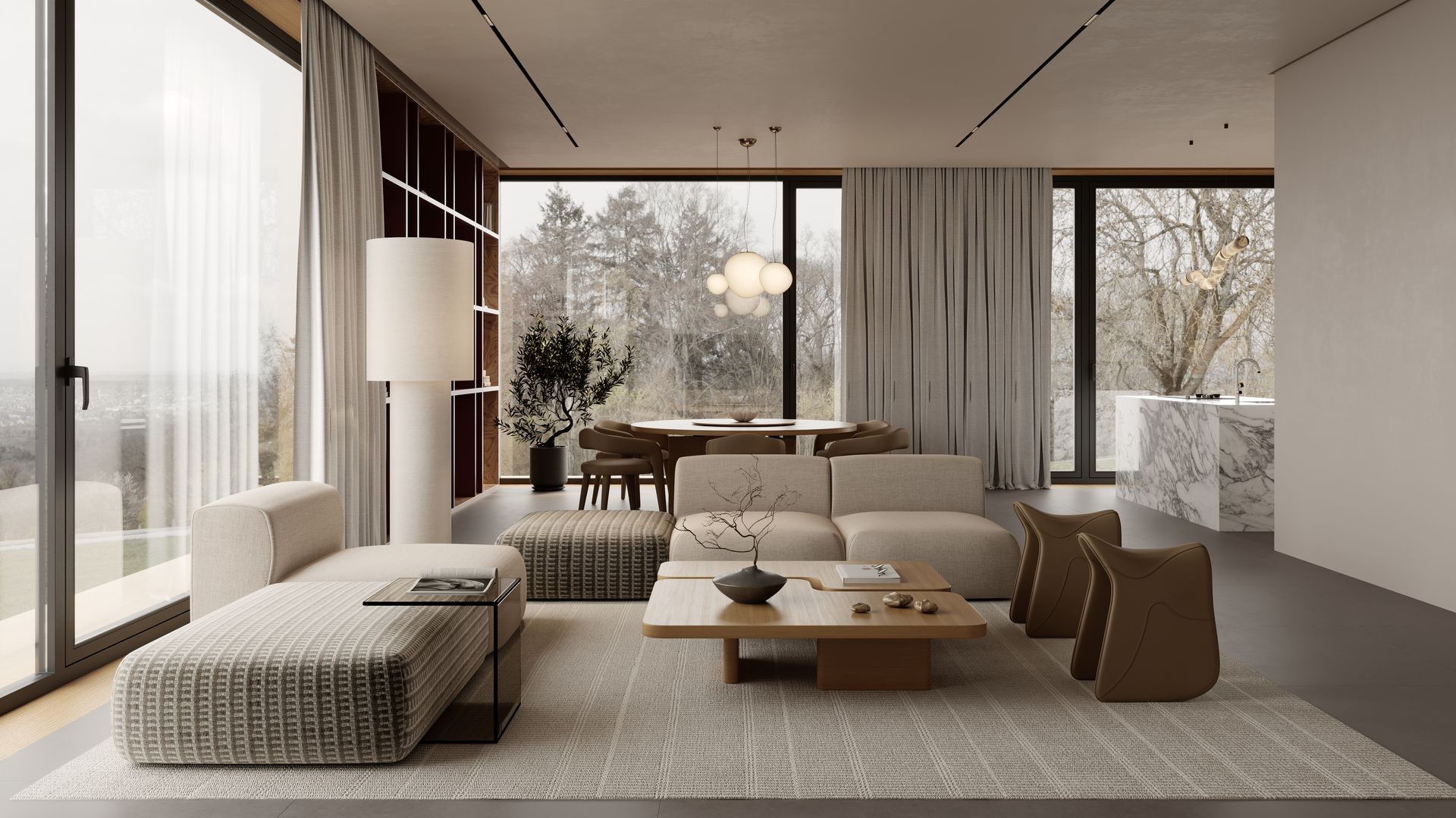 Open living and dining room with floor-to-ceiling windows and city view